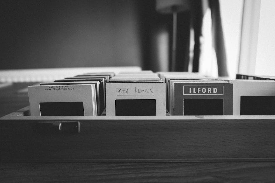 A black-and-white photograph showing a wooden filing tray filled with index cards, some of which have handwritten labels and printed text. The labels include the word 'Ilford' in bold, uppercase font, indicating categorization or location reference. The index cards are arranged vertically and are made of thick paper with smooth finishes. The tray is situated on a flat surface within an interior environment, likely an office or storage room, with a blurred background that includes a window allowing natural light to cast soft shadows on the scene. This image offers a clear view of the organized storage system, which may be used for cataloging or record-keeping related to waste management or administrative tasks, supporting the context of rubbish removal and document handling as part of private waste management services provided by Rubbish Collection Ilford. The overall composition emphasizes orderliness and attention to detail in managing records or materials associated with waste disposal operations.